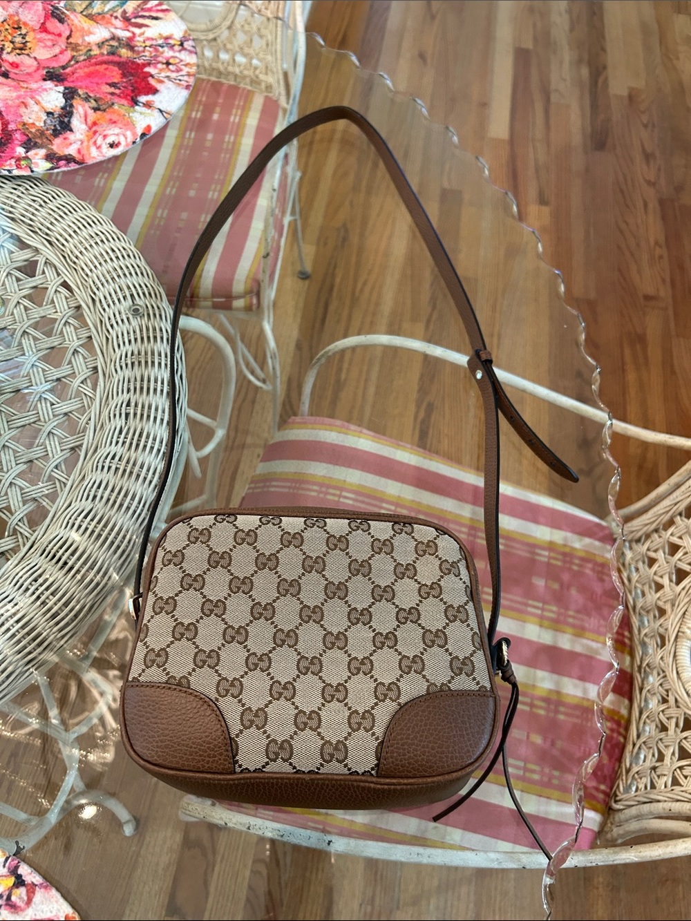 Gucci Beige GG Canvas and Brown Leather Crossbody Bag